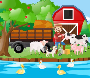 Farm scene famer and farm animals by the river clipart