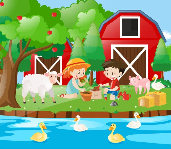 Granja escena con niños plantando árbol — Vector de stock