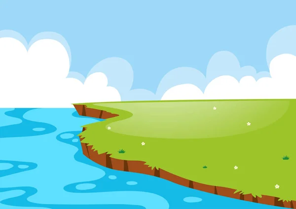 Escena de naturaleza con campo y lago — Vector de stock