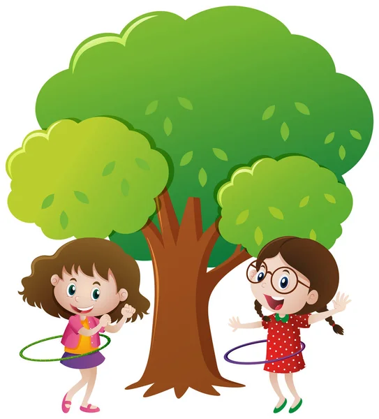 Deux filles jouant hulahoop sous l'arbre — Image vectorielle