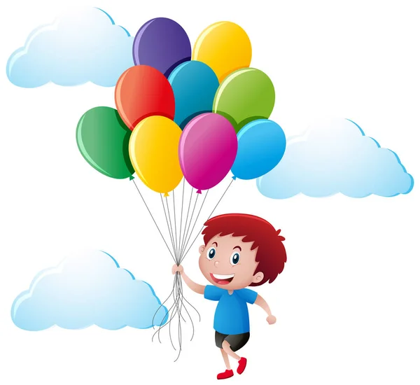 Niño sosteniendo globos de colores — Vector de stock