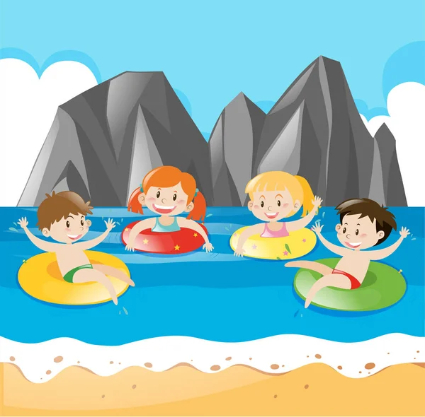 Four kids swimming in the ocean — Stock Vector