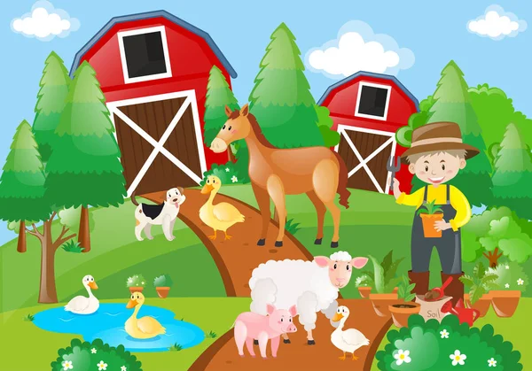 Granja con granjeros y animales — Vector de stock