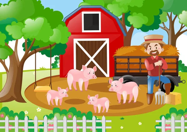 Agricultor e suínos em campo — Vetor de Stock