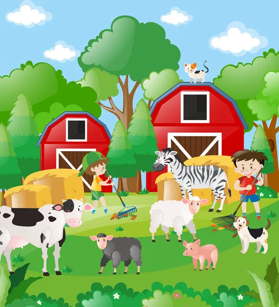 Niños y animales de granja en el campo — Vector de stock