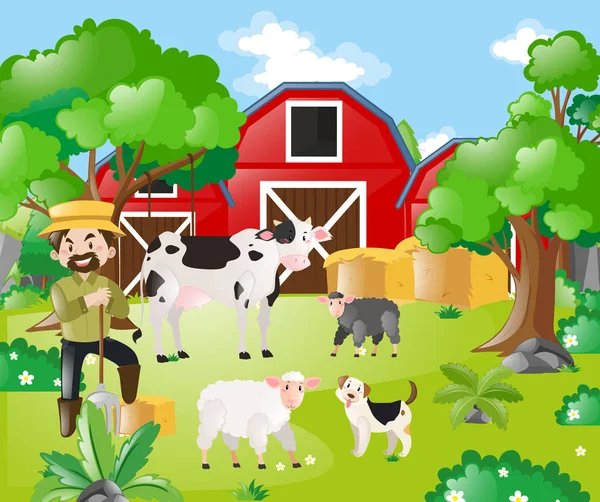 Фермер и сельскохозяйственные животные в поле — стоковый вектор