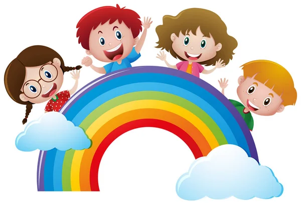 Quatro crianças sobre o arco-íris — Vetor de Stock