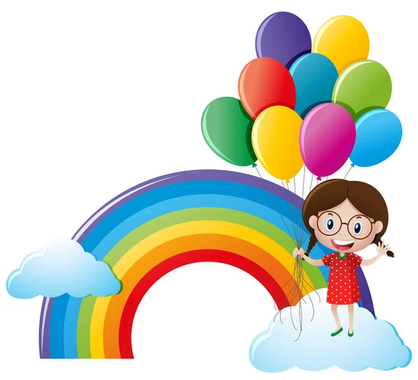 Κορίτσι εκμετάλλευση μπαλόνια με φόντο ουράνιο τόξο — Διανυσματικό Αρχείο