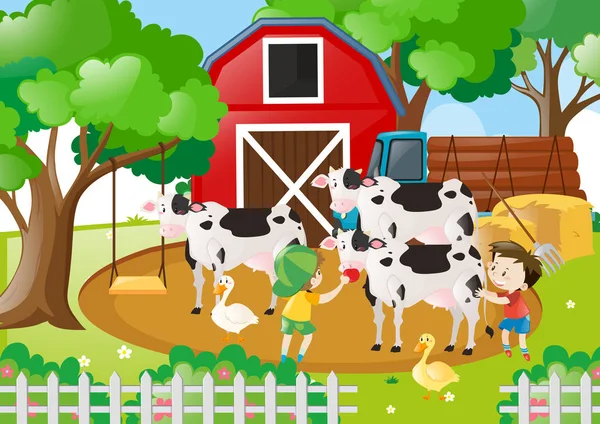 Granja escena con niños alimentación vacas — Vector de stock