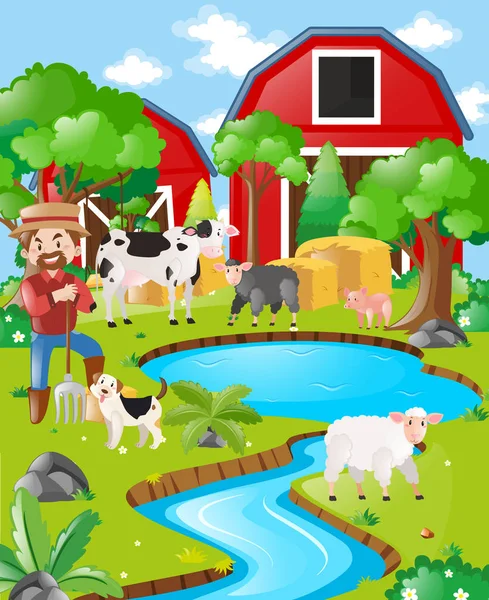 Farm scene with farmer and barn — Stock Vector