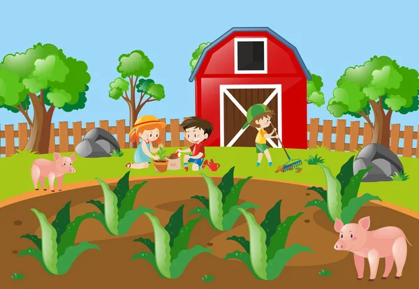 Niños plantando árboles en el corral — Vector de stock