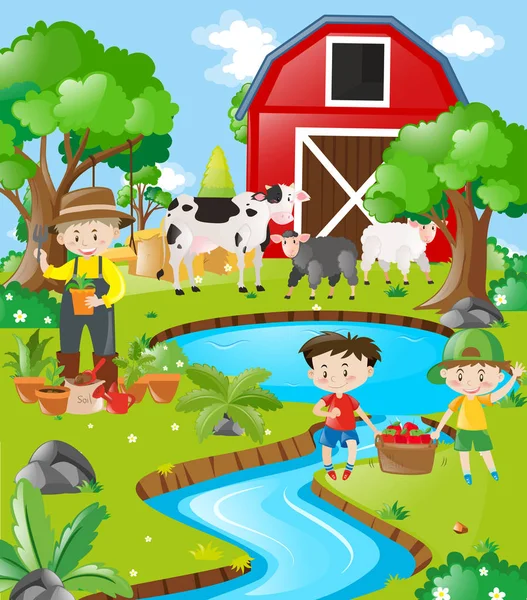 Granja escena agricultor y niños por el río — Vector de stock