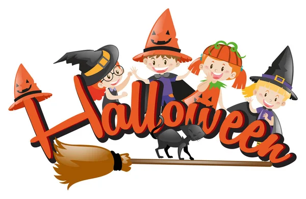 Tema de Halloween com crianças e vassoura —  Vetores de Stock