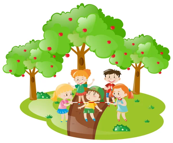 Muchos niños jugando en el jardín — Vector de stock