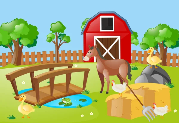 Cena de fazenda com animais no campo —  Vetores de Stock