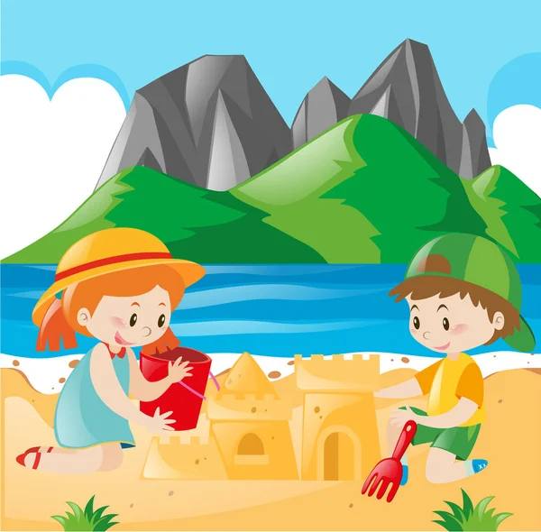Menino e menina jogando areia na praia — Vetor de Stock