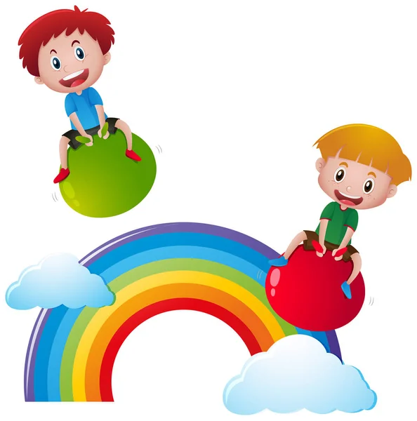 Два мальчика на шарах над радугой — стоковый вектор