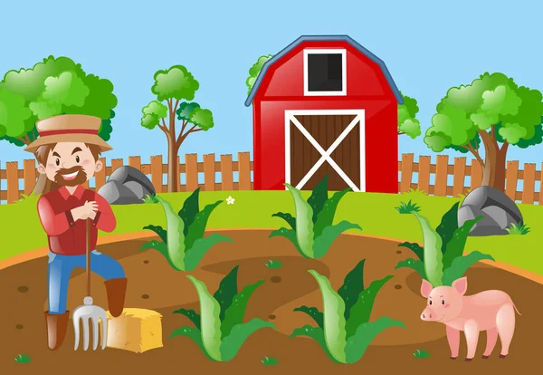 Σκηνή φάρμα με τον αγρότη και το γουρούνι — Διανυσματικό Αρχείο