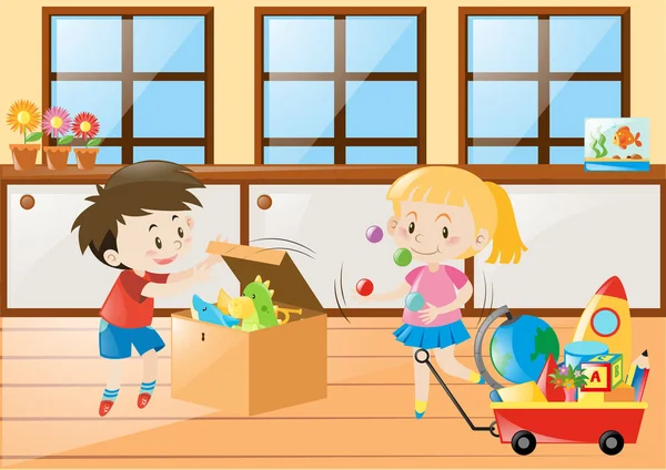 Niño y niña jugando juguetes en casa — Vector de stock