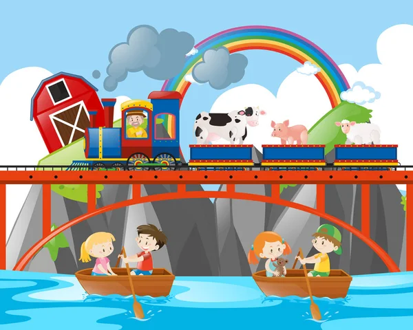 Animales montados en tren y niños botes de remos — Archivo Imágenes Vectoriales