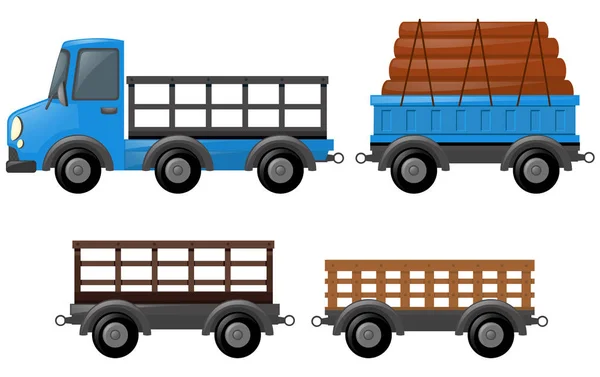 Синя вантажівка і різні конструкції візків — стоковий вектор