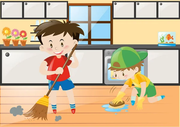 Два мальчика убирают кухню дома — стоковый вектор