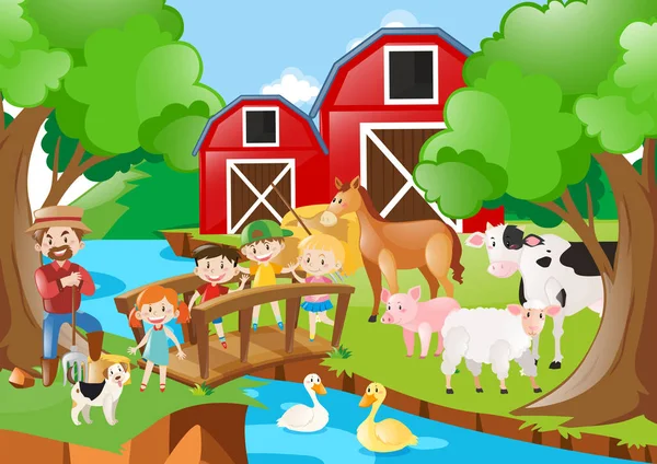Farmě scény s dětmi u řeky, farmář — Stockový vektor