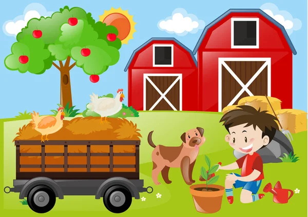 Мальчик сажает дерево на ферме — стоковый вектор