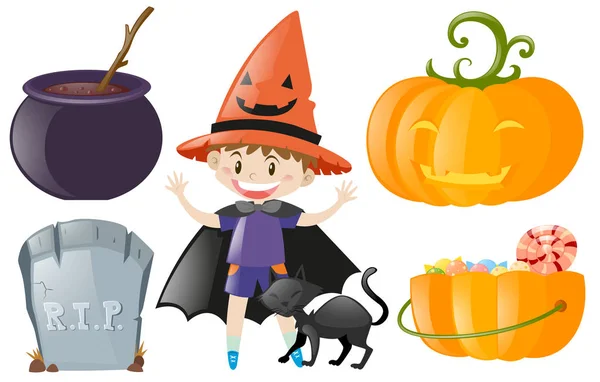 Halloween set with boy in costume and pumpkin