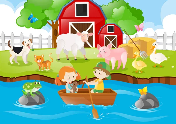 Granja escena niños bote de remos en el río — Vector de stock