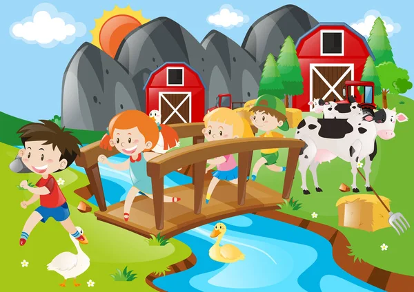 Фермерская сцена с детьми, пересекающими мост — стоковый вектор