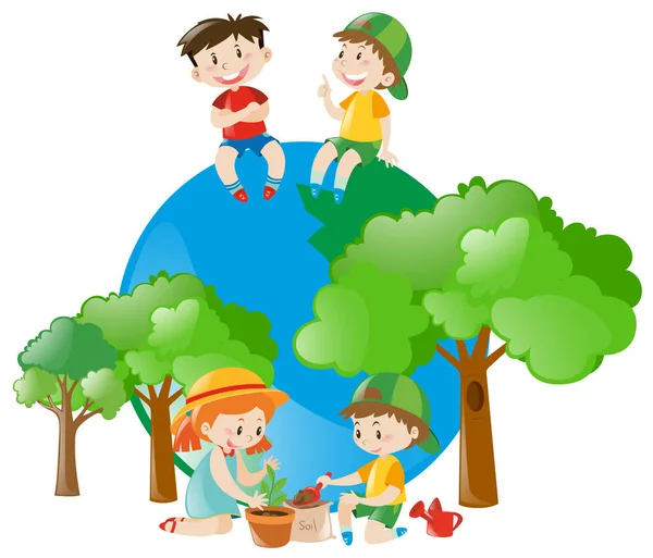 Tema ambiental con niños y árbol — Vector de stock