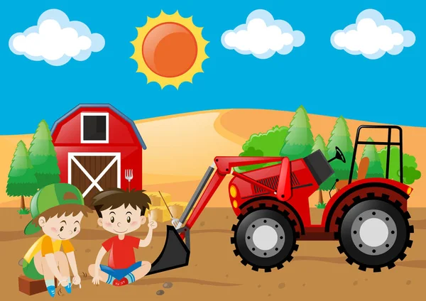 Granja con niños y tractor en el campo — Archivo Imágenes Vectoriales