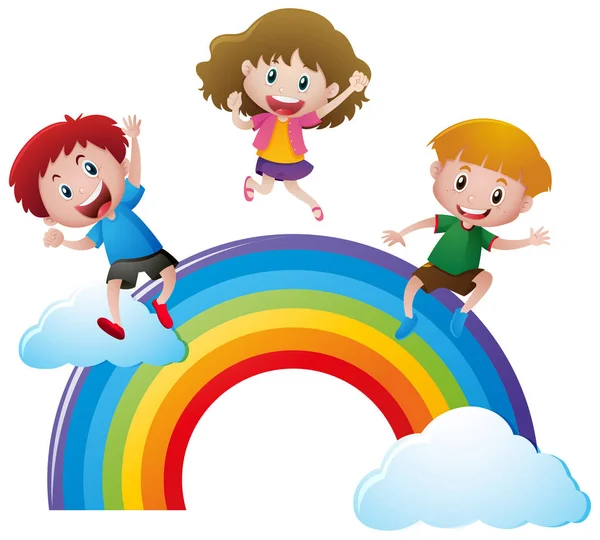 Enfants heureux sur arc-en-ciel coloré — Image vectorielle