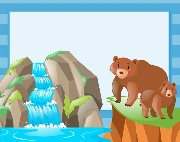 Grenzschablone mit zwei Bären am Wasserfall — Stockvektor