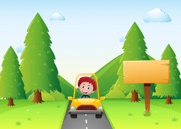 Мальчик водит желтую машину по дороге — стоковый вектор