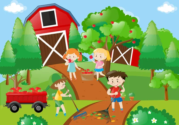 Діти збирають яблука в саду — стоковий вектор