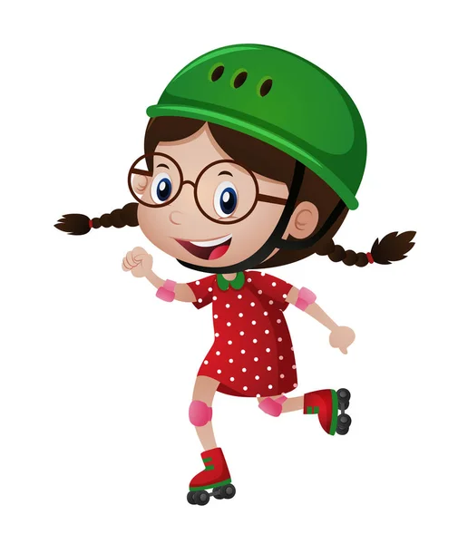 Happy girl in green helmet rollerskating — Stock Vector