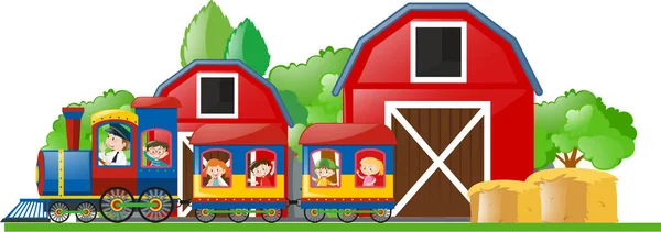 Kinder fahren mit dem Zug zum Bauernhof — Stockvektor