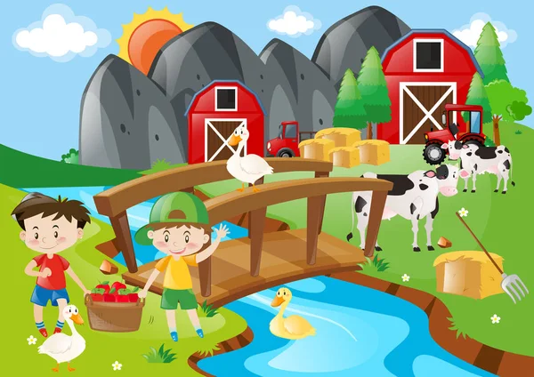 Мальчики и животные на ферме — стоковый вектор