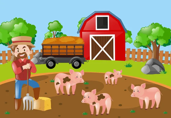 Farmer and pigs in the mud field — Stock Vector