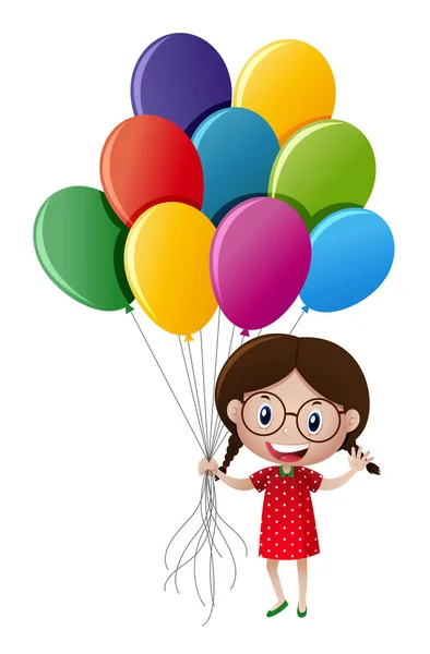 Chica sosteniendo muchos globos — Vector de stock