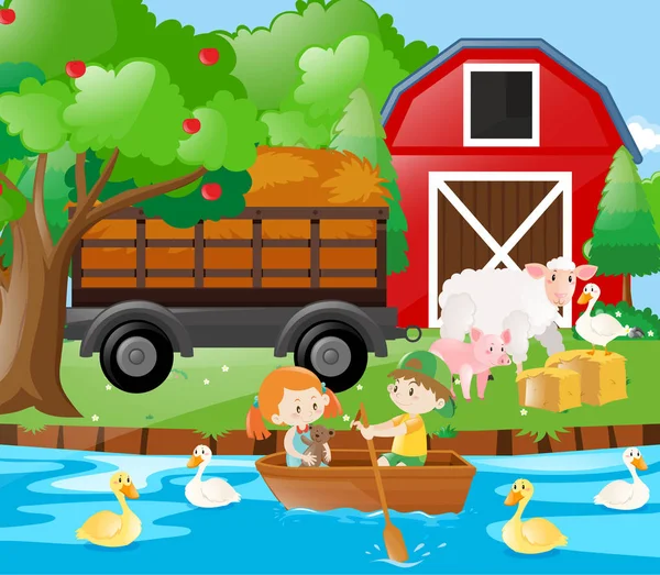 Дети и сельскохозяйственные животные на ферме — стоковый вектор