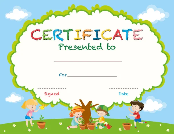 Certificate template with kids planting trees Stock Illustration