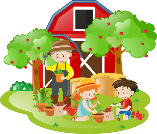 Farm scene with children and farmer planting trees Stock Vector