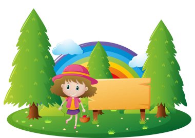 Parkta kız ahşap ayakta işaret