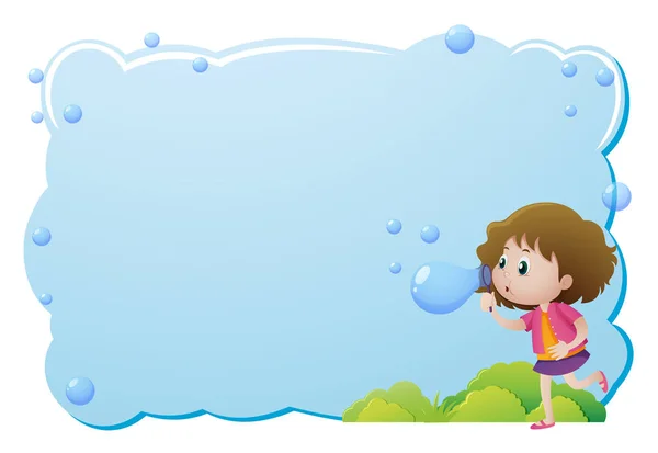 Border template with girl blowing bubbles — Stock Vector