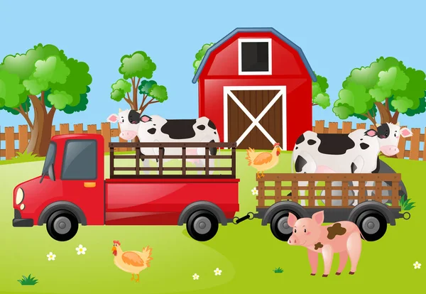 Granja escena con vacas en el camión — Vector de stock