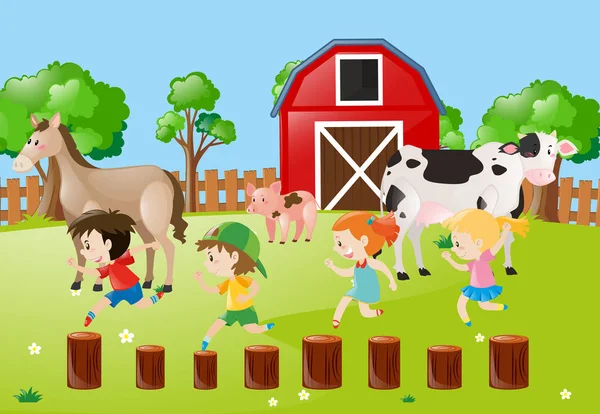 Cena de fazenda com crianças correndo no campo —  Vetores de Stock