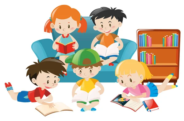 部屋で本を読む子どもたち — ストックベクタ